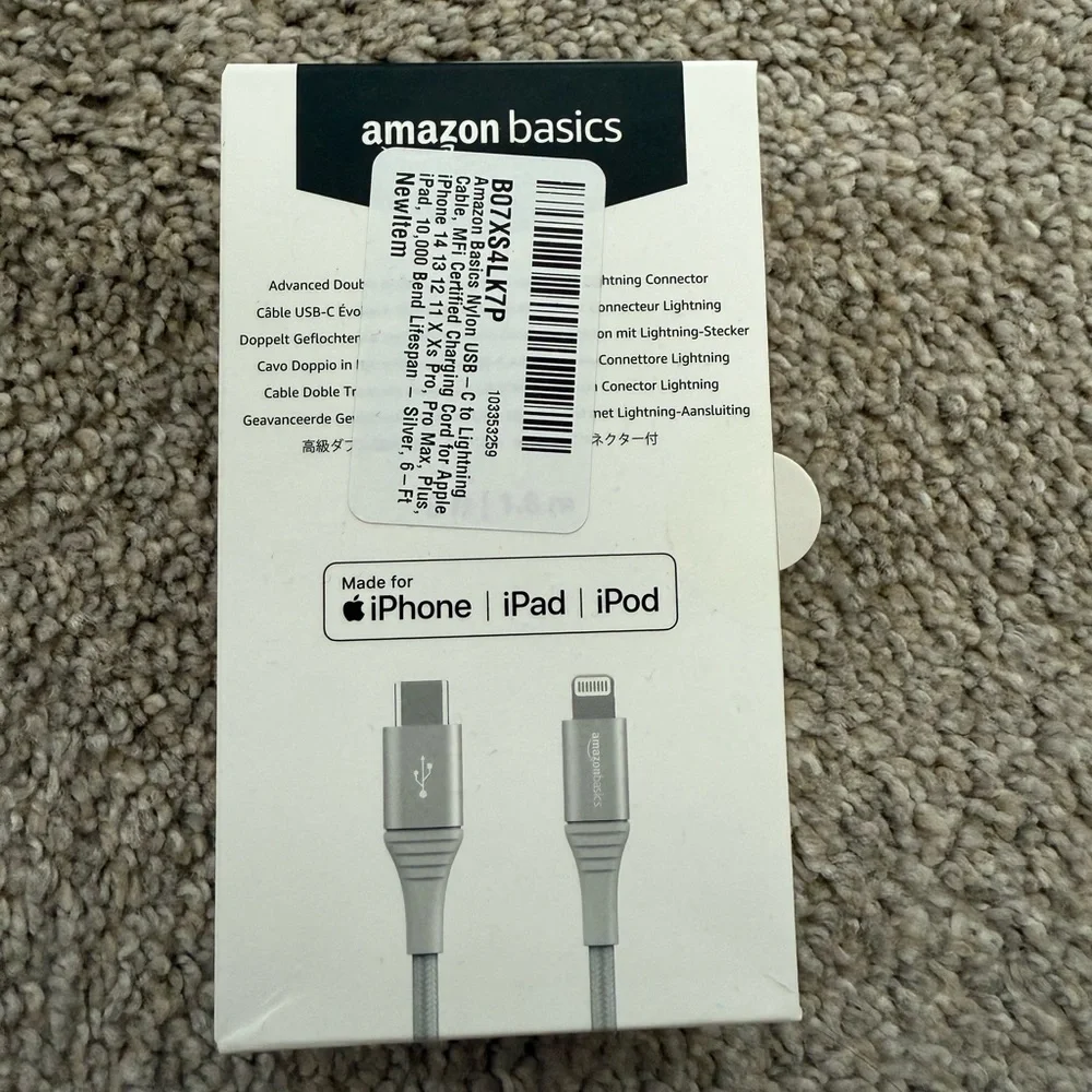 NWT! Amazon Basics - USB-C to Lightning Silver Braided Cable, 6ft